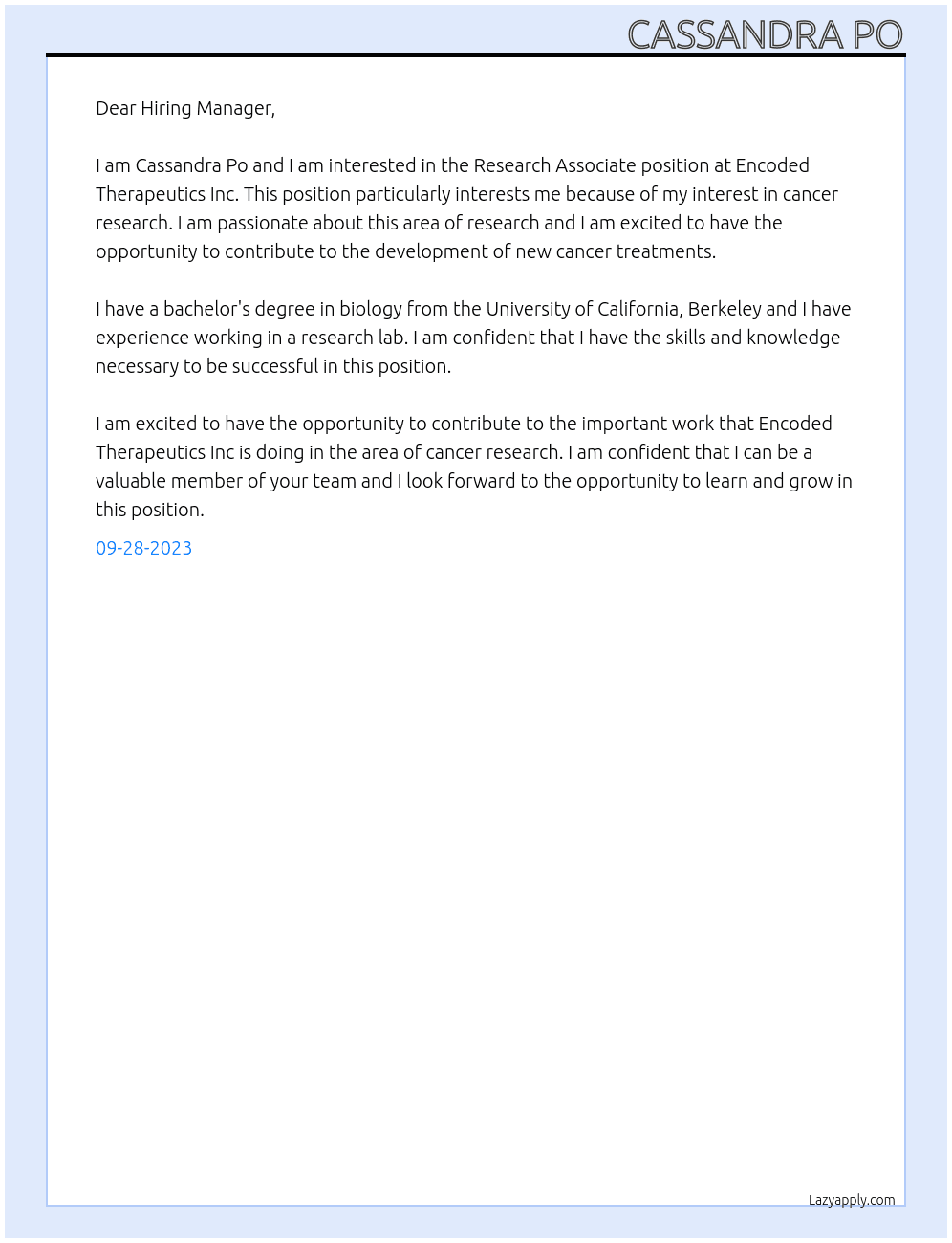 Research Associate At Encoded Therapeutics Inc. Cover Letter