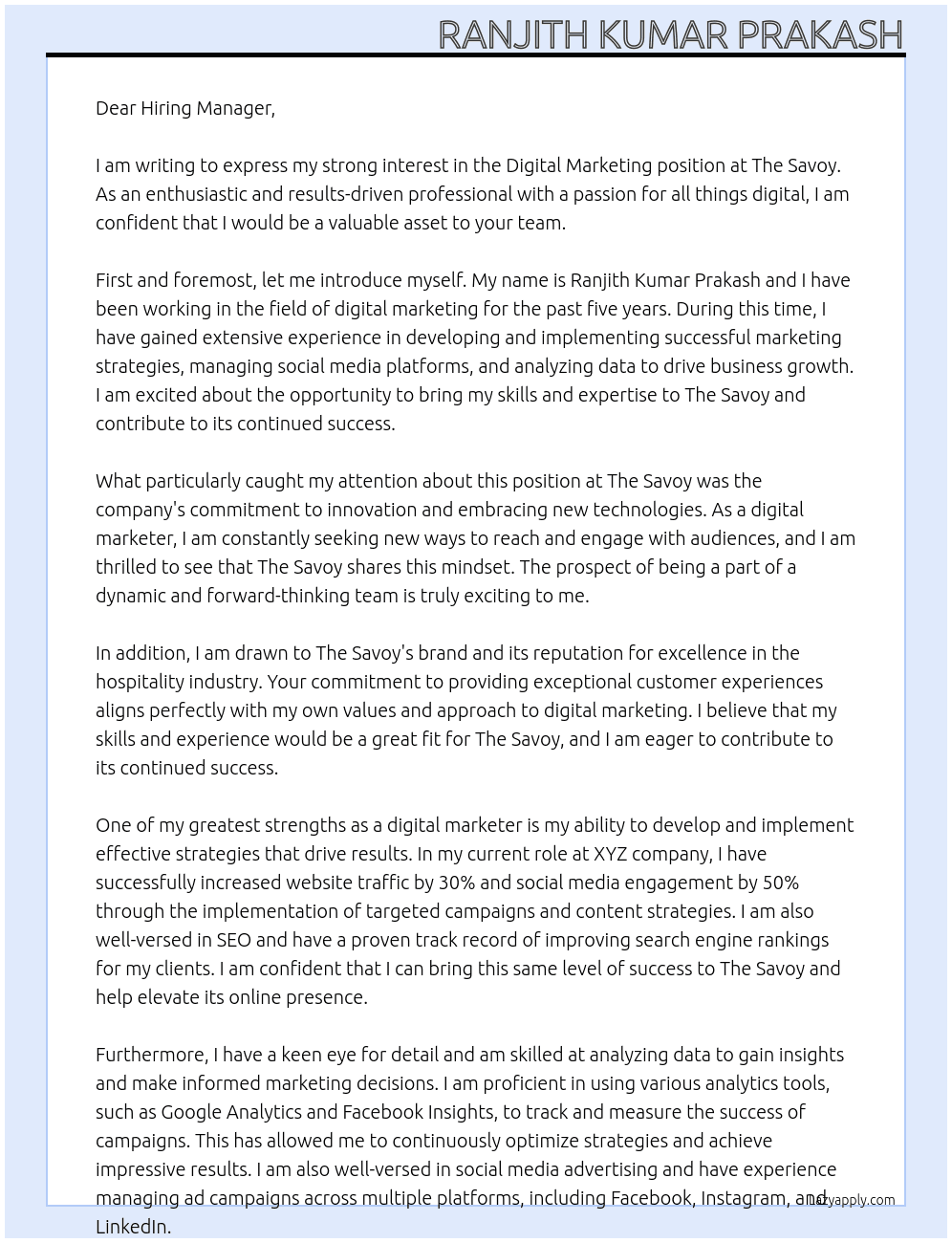 Digital Marketing At The Savoy Cover Letter