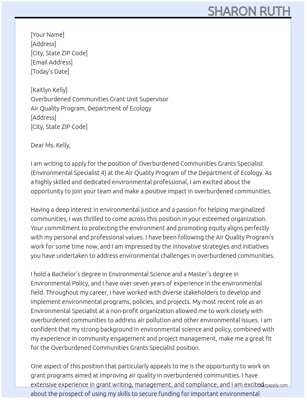 Overburdened Communities Grants Specialist (Environmental Specialist 4) At Air Quality Program, Department of Ecology Cover Letter