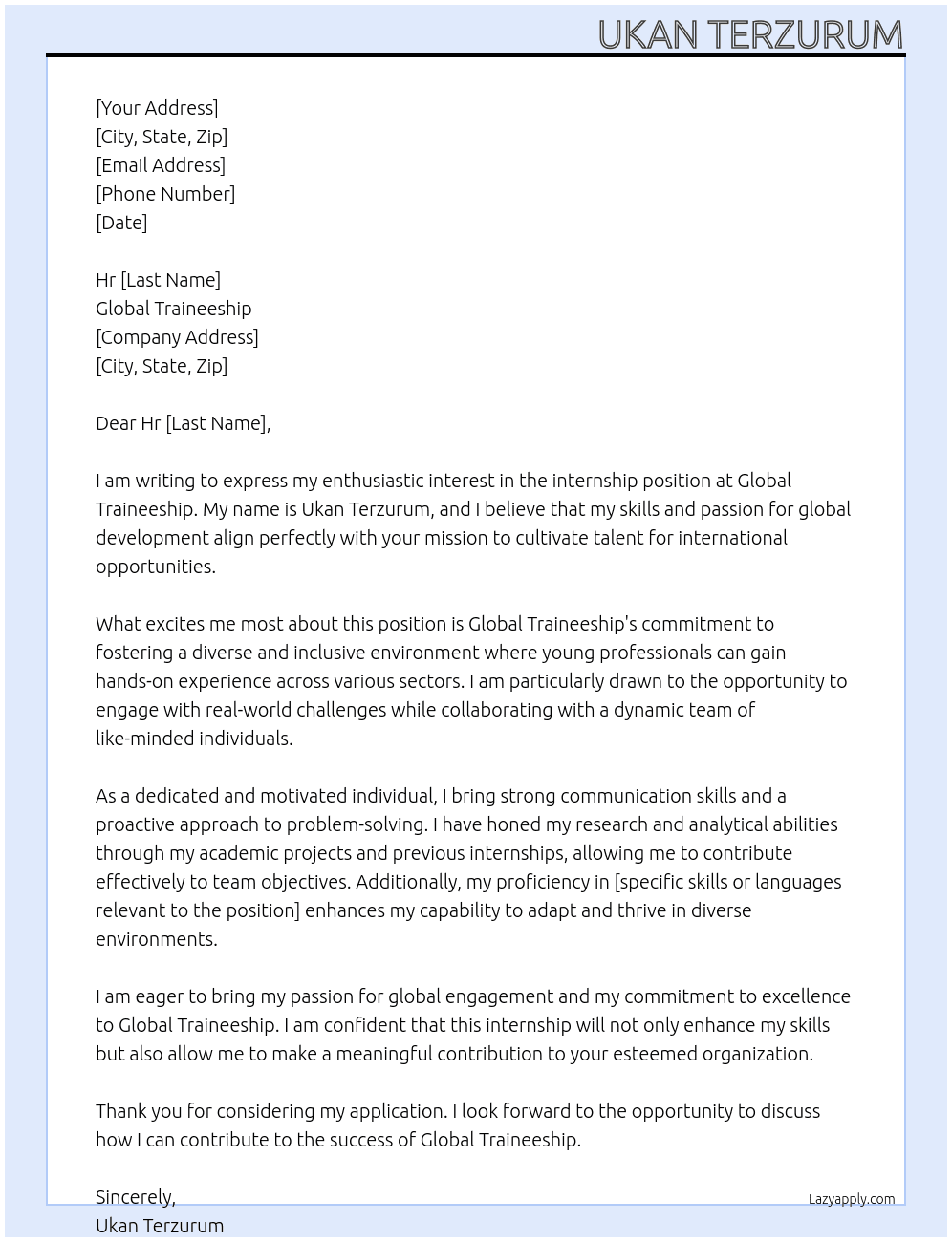 Internship At Global Traineeship Cover Letter