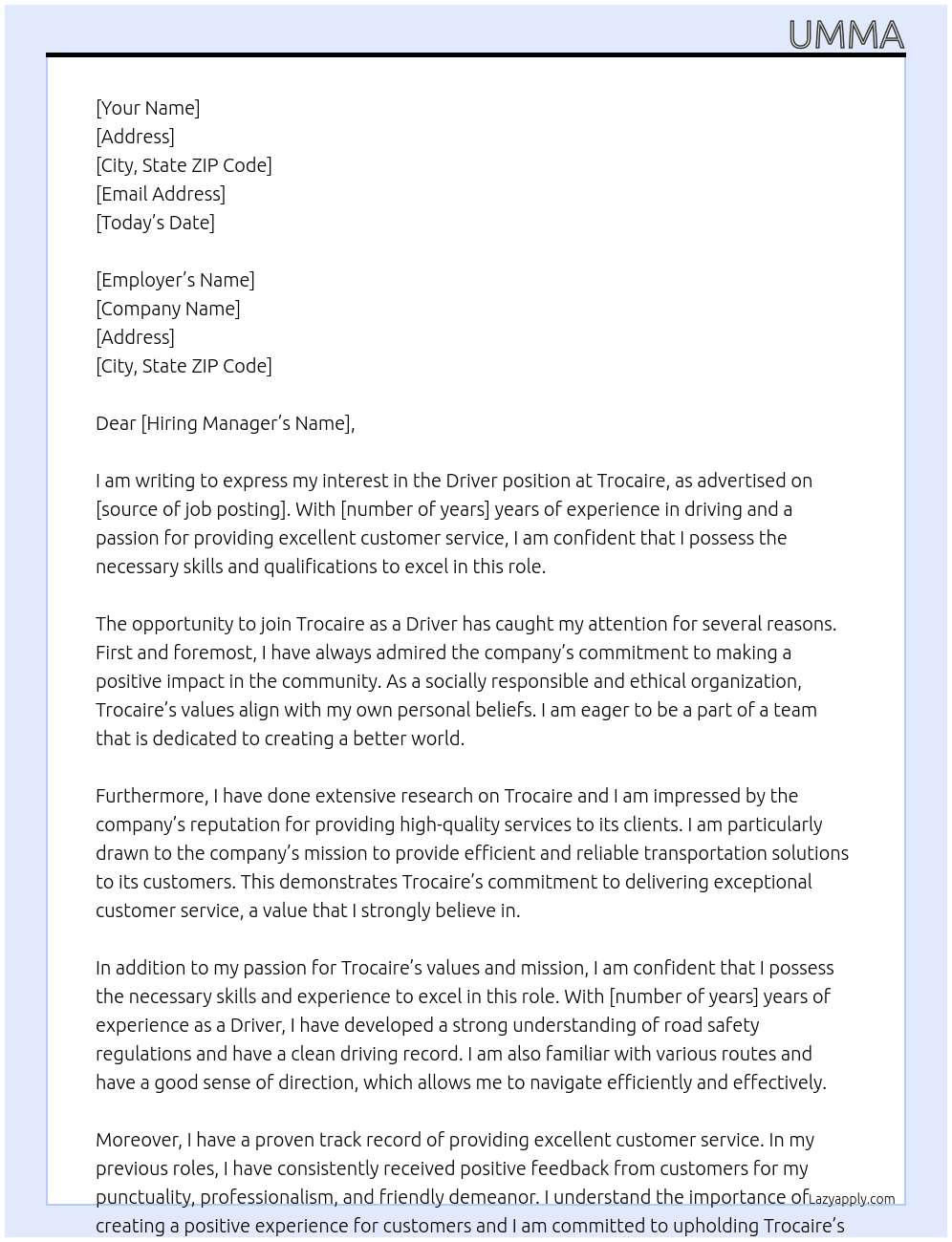 Driver  At Trocaire Cover Letter