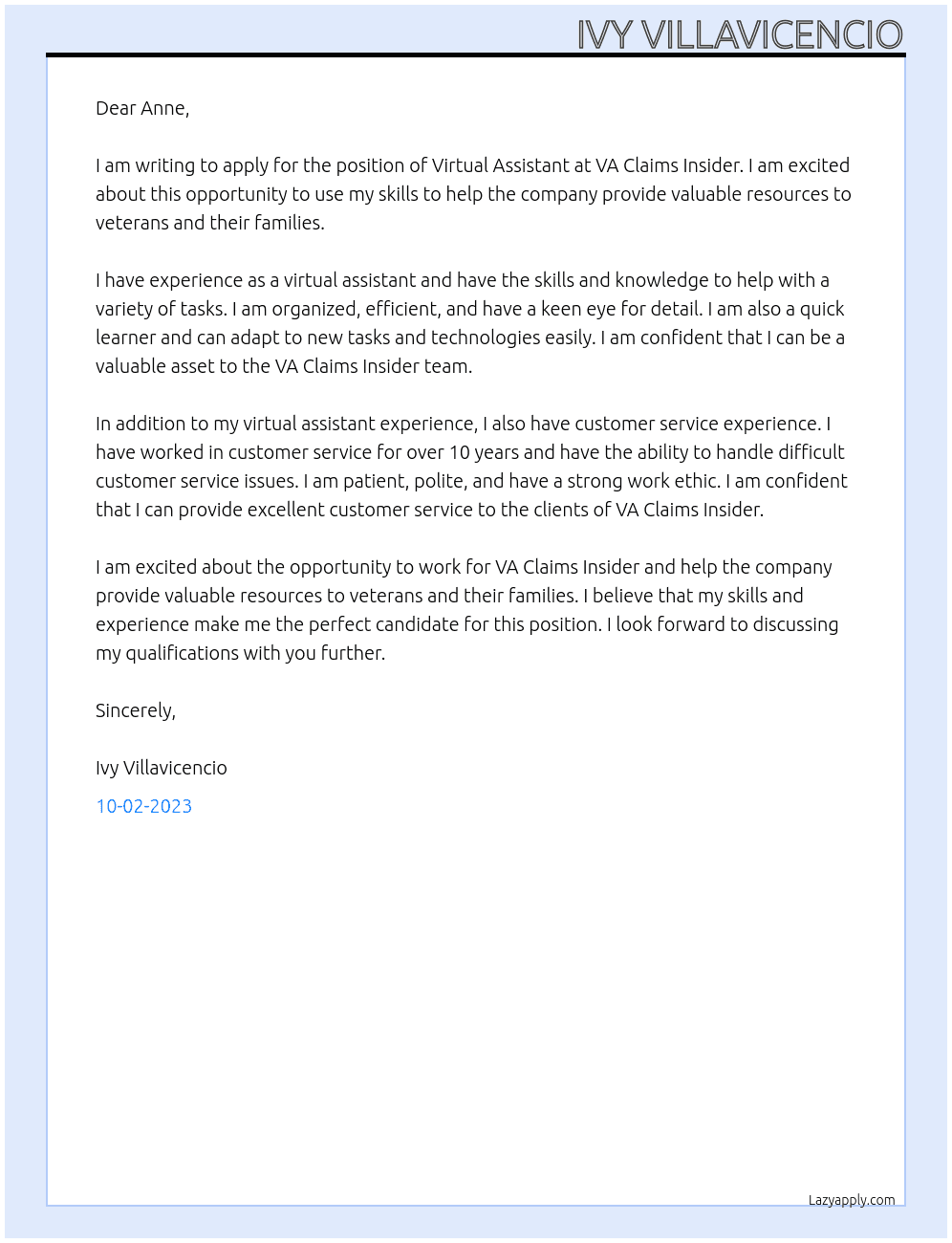 Virtual Assistant At VA Claims Insider Cover Letter