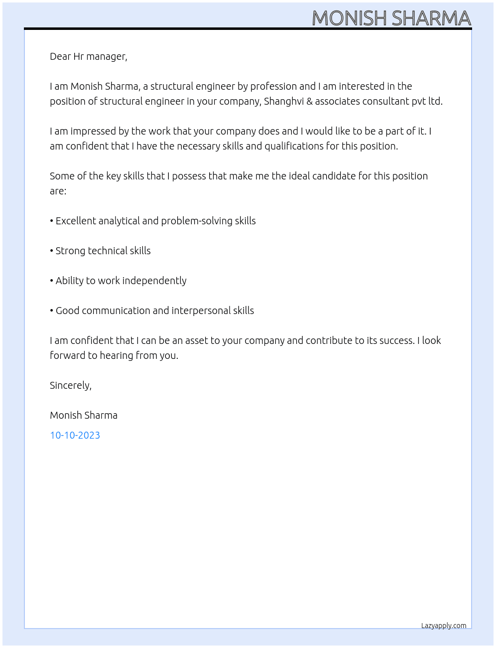 structural engineer At Shanghvi & associates consultant pvt ltd Cover Letter