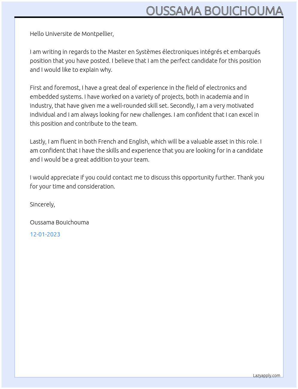 Master en Systèmes électroniques intégrés et embarqués At Universite de Montpellier Cover Letter