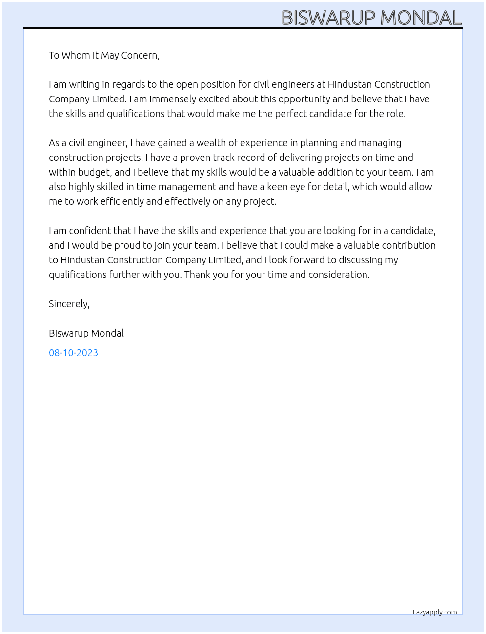 Civil Engineers - Hydro, Metro & Road Projects At Hindustan Construction Company Limited Cover Letter