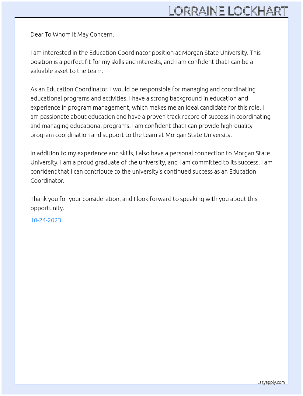 Education Coordinator At Morgan State University Cover Letter