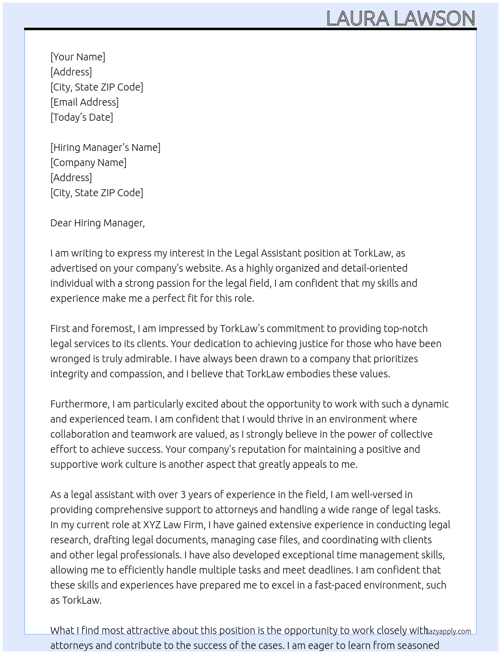 legal assistant At TorkLaw Cover Letter