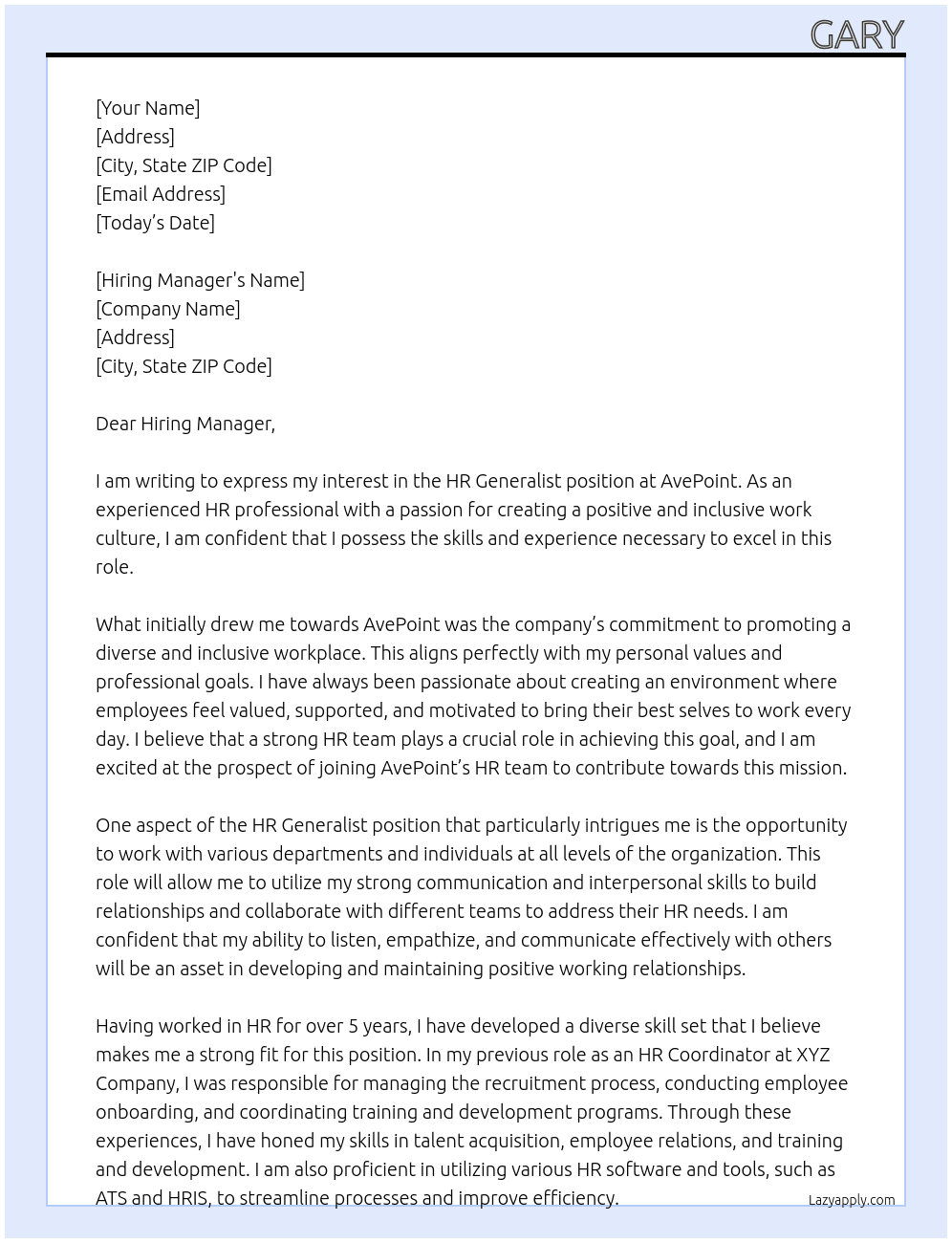 HR Generalist At AvePoint Cover Letter