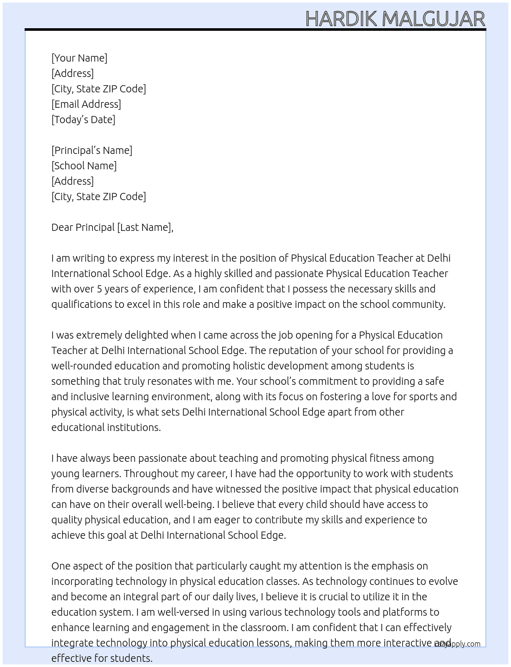 physical Education teacher  At Delhi International school Edge  Cover Letter