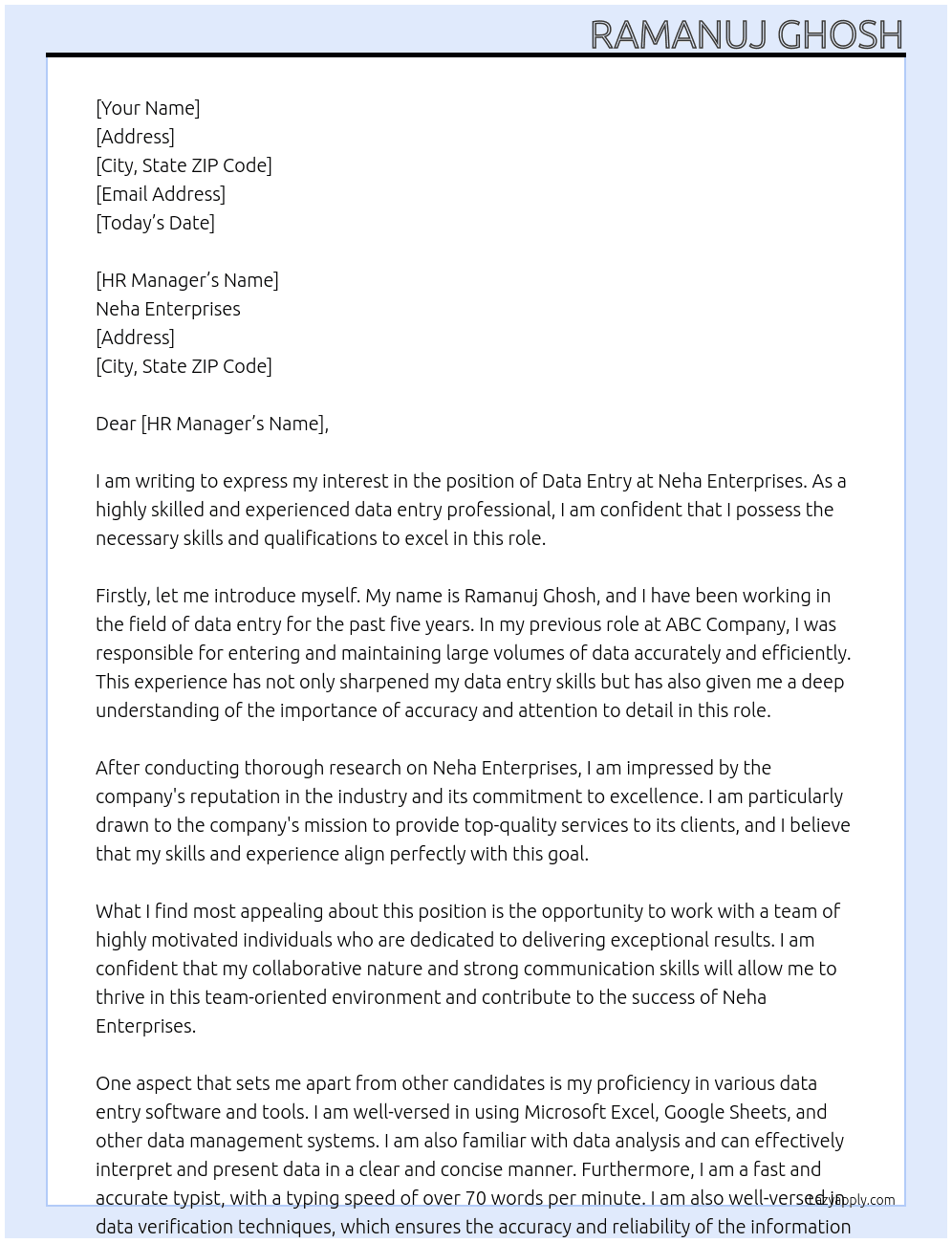 DATA ENTRY At Neha Enterprises Cover Letter
