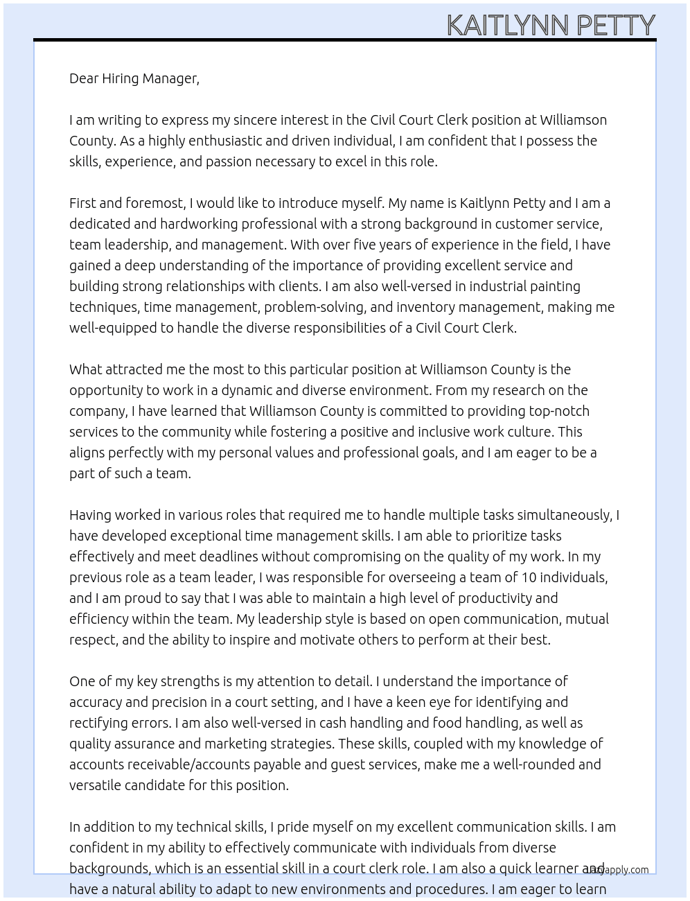 Civil Court Clerk  At Williamson County Cover Letter