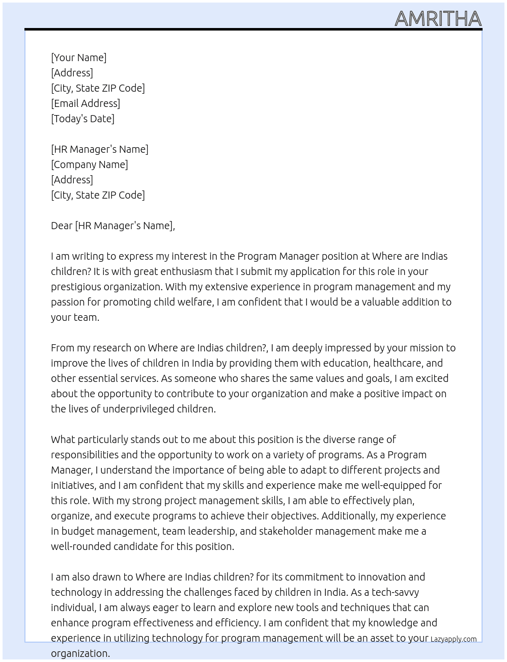 Program Manager At Where are Indias children? Cover Letter