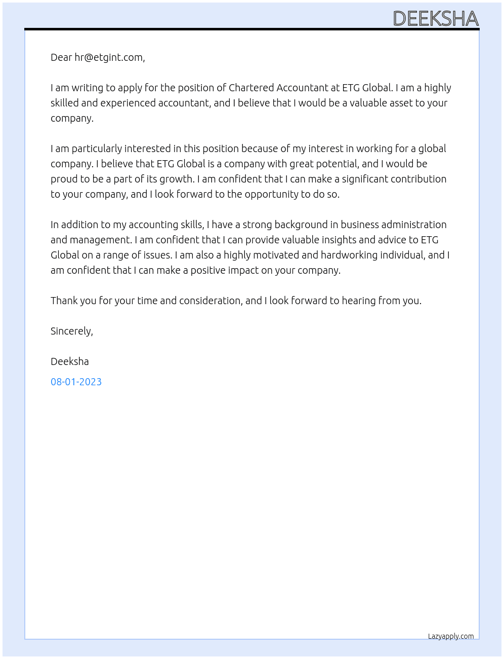 Chartered Accountant At ETG Global Cover Letter