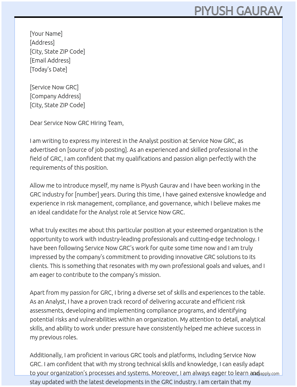 Analyst At Service Now GRC Cover Letter