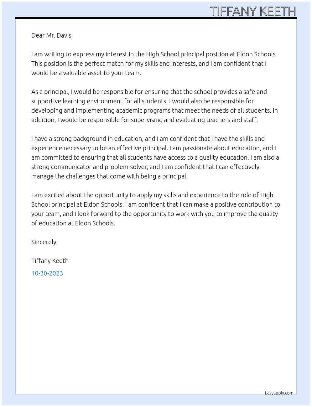 High School principal At Eldon Schools Cover Letter