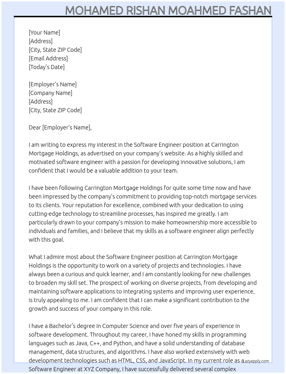 Software Engineer At Carrington Mortgage Holdings Cover Letter