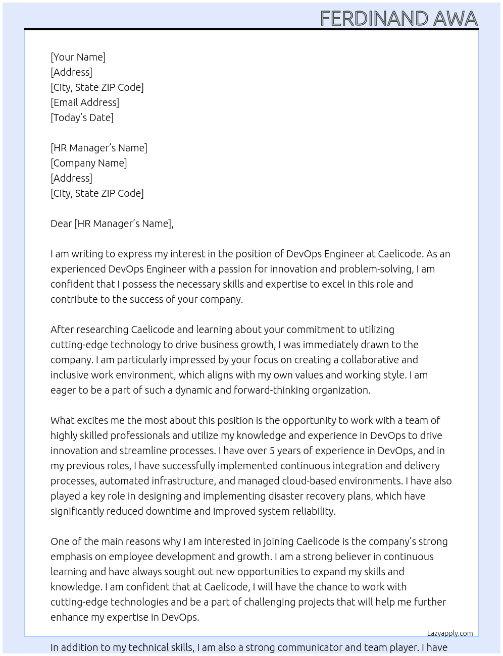 DevOps Engineer At Caelicode Cover Letter