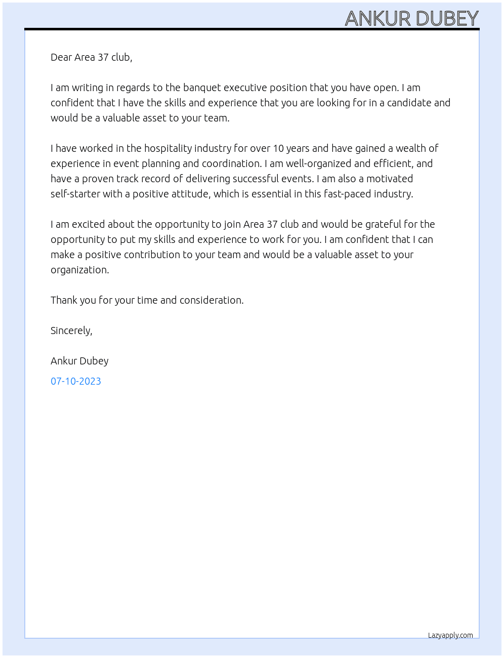 Banquet executive  At Area 37 club  Cover Letter