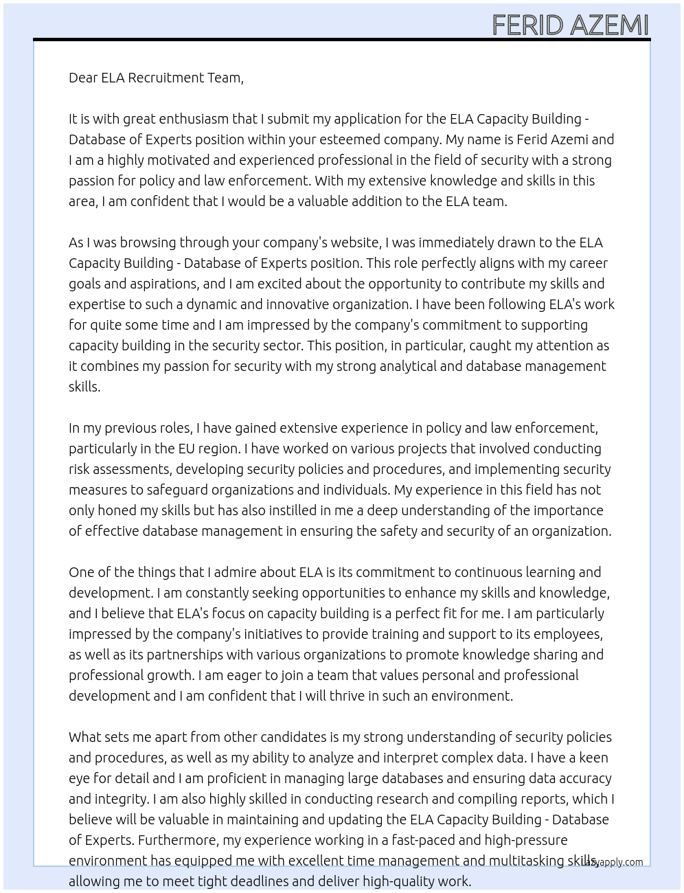 ELA Capacity Building - Database of Experts At ELA  Cover Letter
