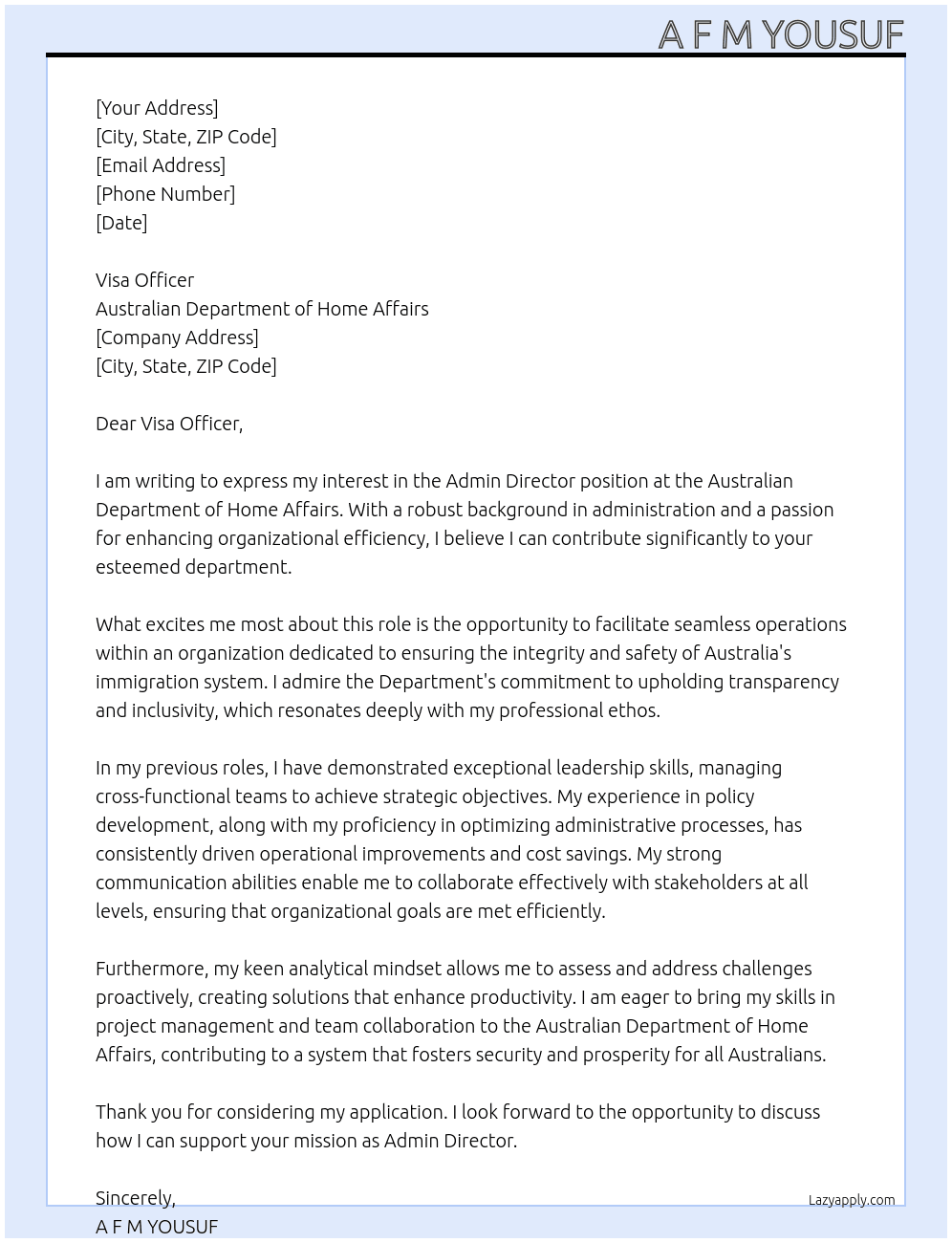 Admin Director At Australian Department of Home Affairs Cover Letter