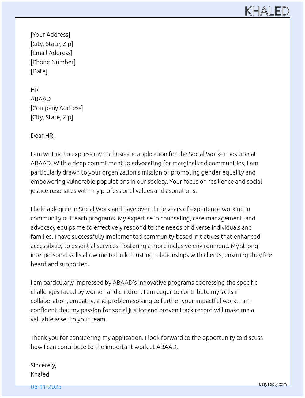 Social Worker At ABAAD Cover Letter