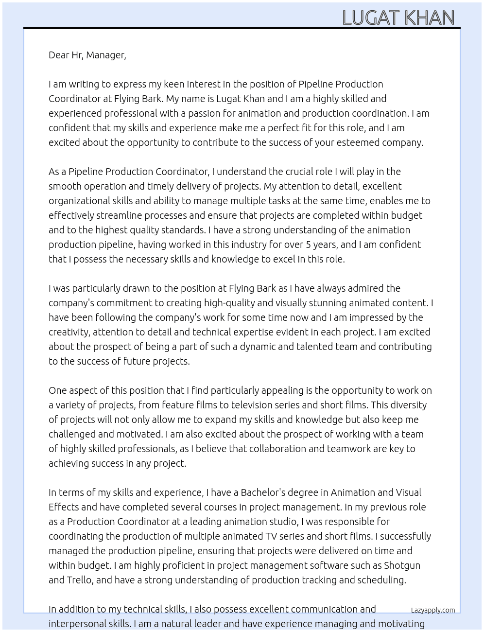 Pipeline Production Coordinator At Flying Bark Cover Letter