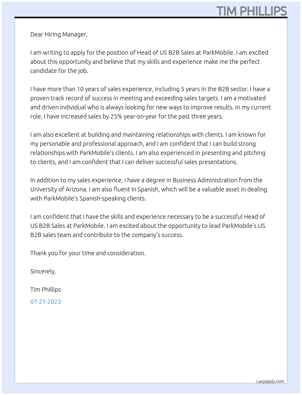 Head of US B2B Sales At ParkMobile Cover Letter