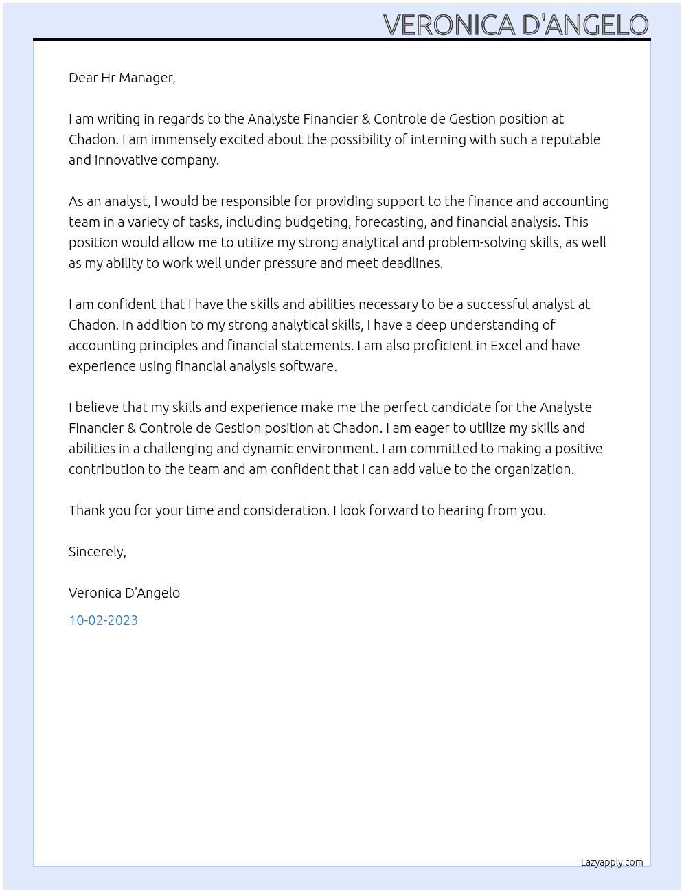 Analyste Financier & Controle de Gestion At Chadon Cover Letter
