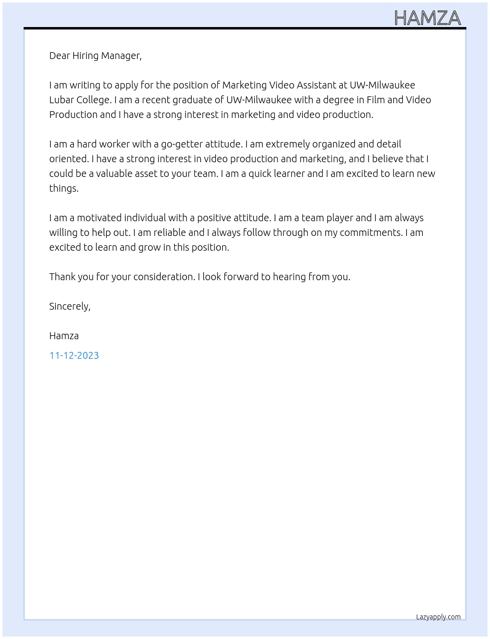 Marketing Video Assistant  At UW-Milwaukee Lubar College Cover Letter