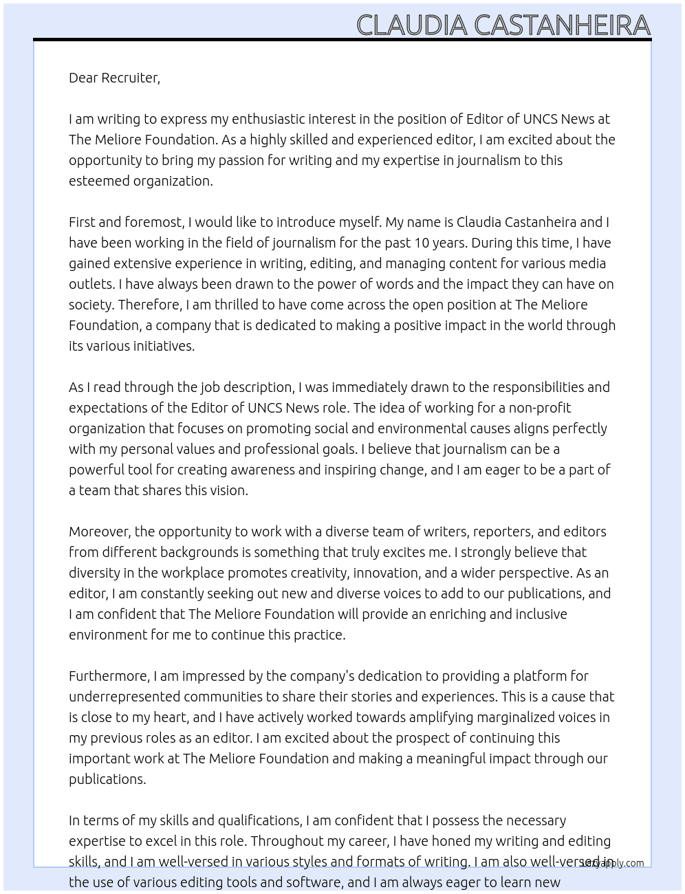 Editor of UNCS News At The Meliore Foundation Cover Letter