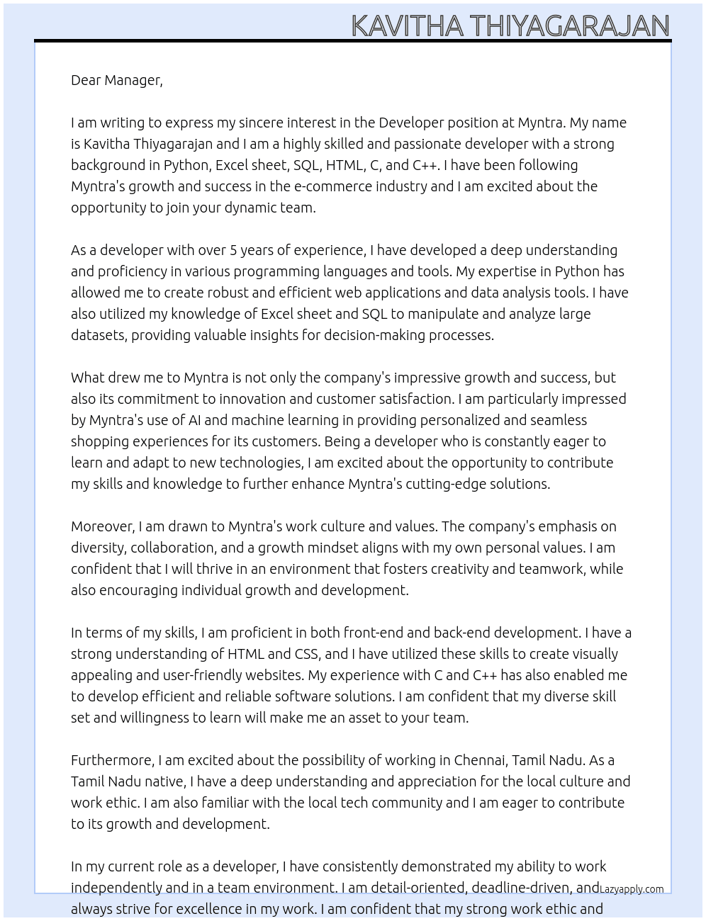 Developer At Myntra Cover Letter