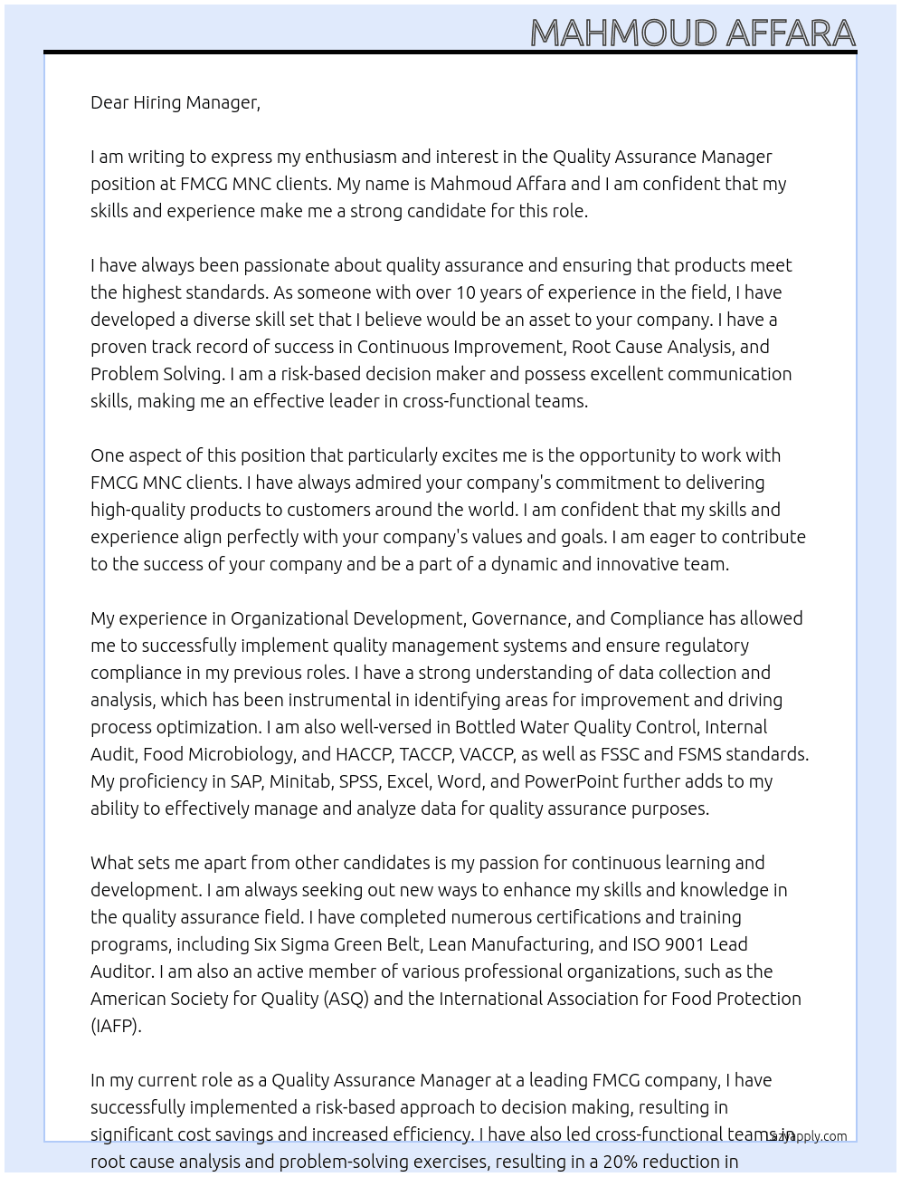 Quality Assurance Manager At FMCG MNC clients Cover Letter