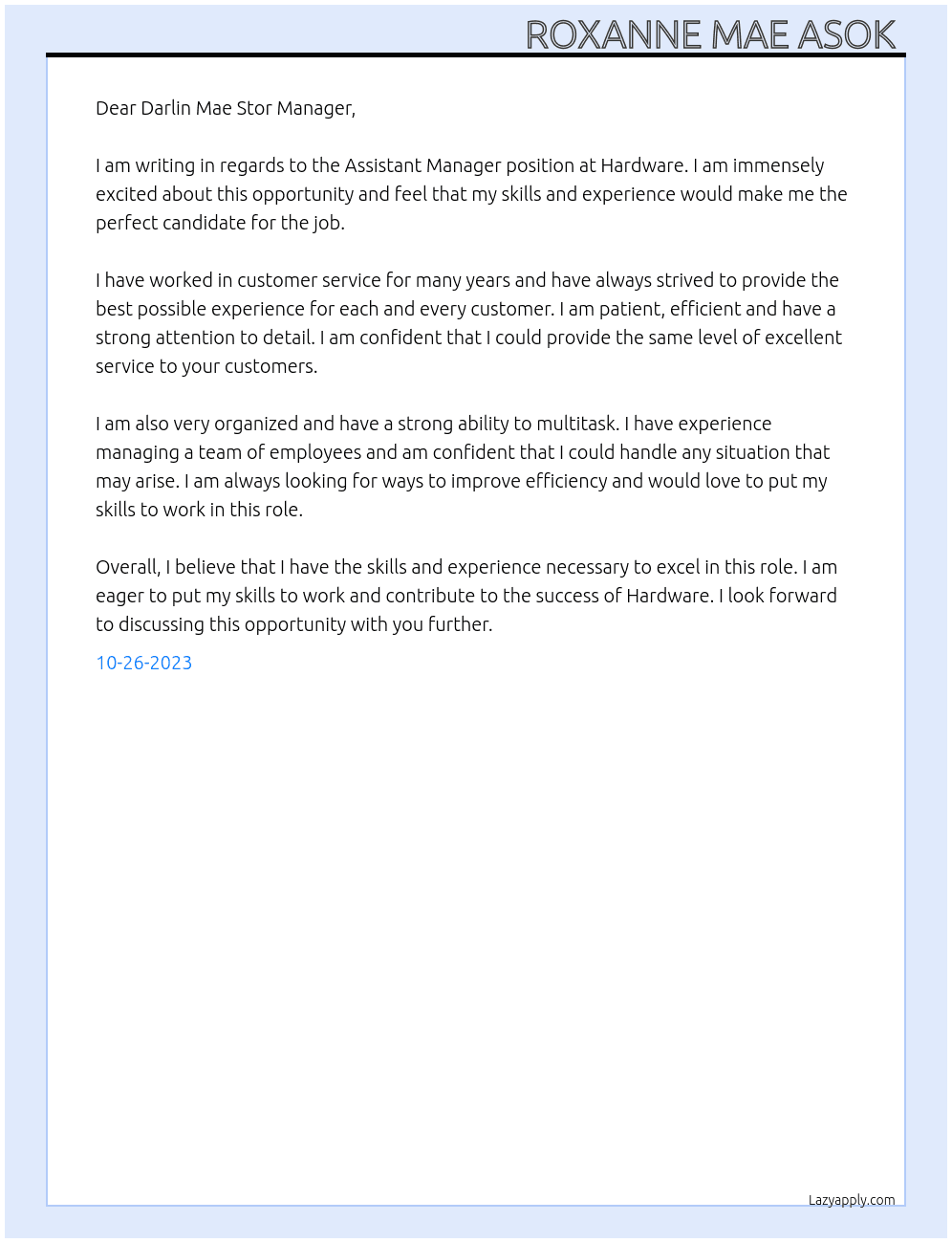 Assistant Manager  At Hardware  Cover Letter