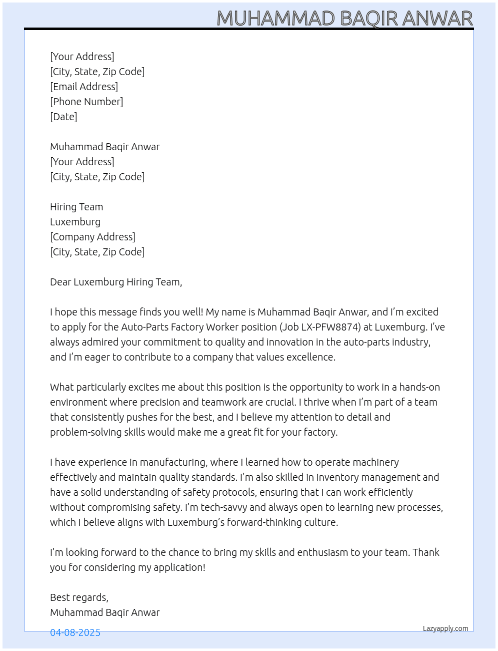 Auto-Parts Factory Worker Job LX-PFW8874 At luxemburg Cover Letter
