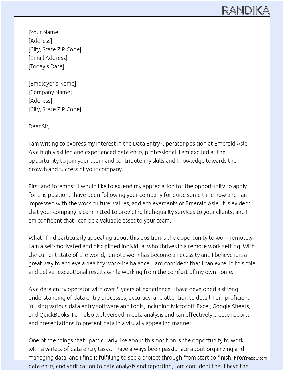 data entry operator At Emerald Asle Cover Letter