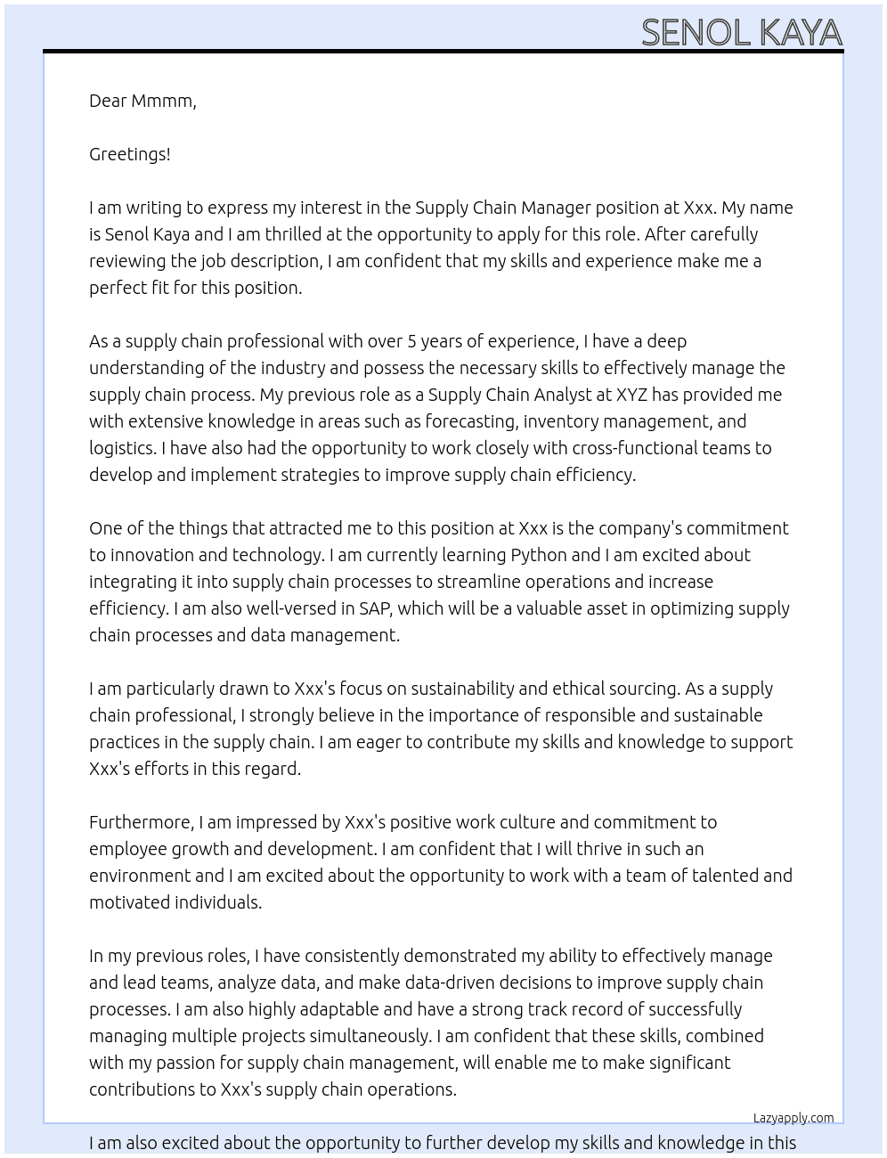 Supply chain manager  At Xxx Cover Letter