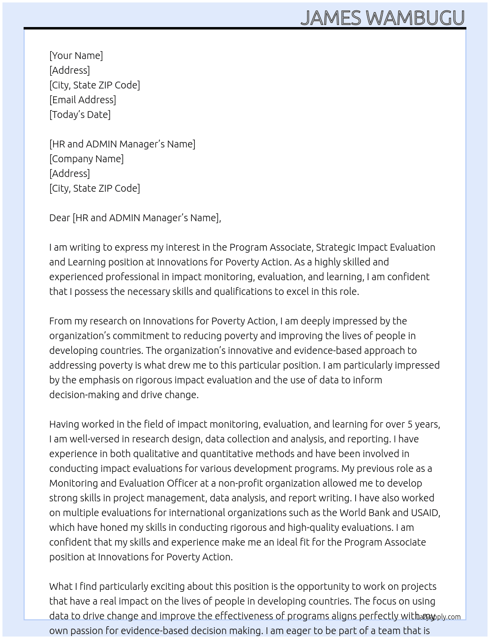 Cover letter for program associate, strategic impact evaluation and learning - LazyApply