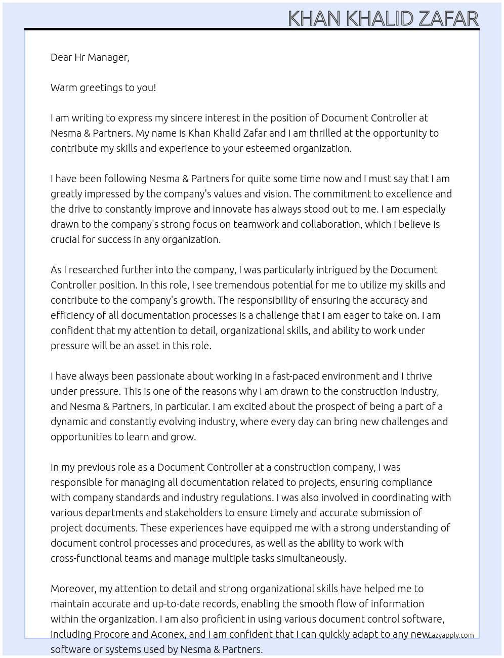 Document Controller At Nesma & Partners Cover Letter