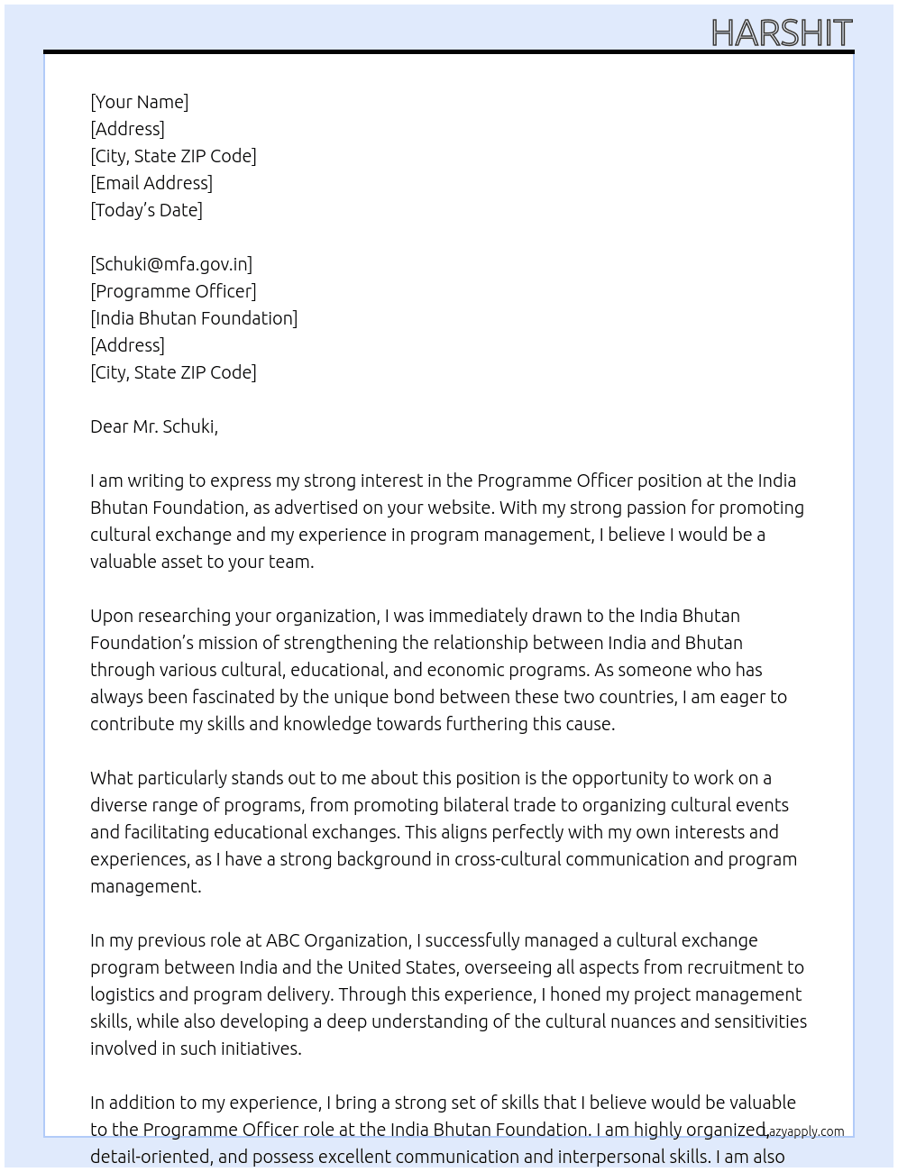 Programme Officer At India Bhutan Foundation Cover Letter