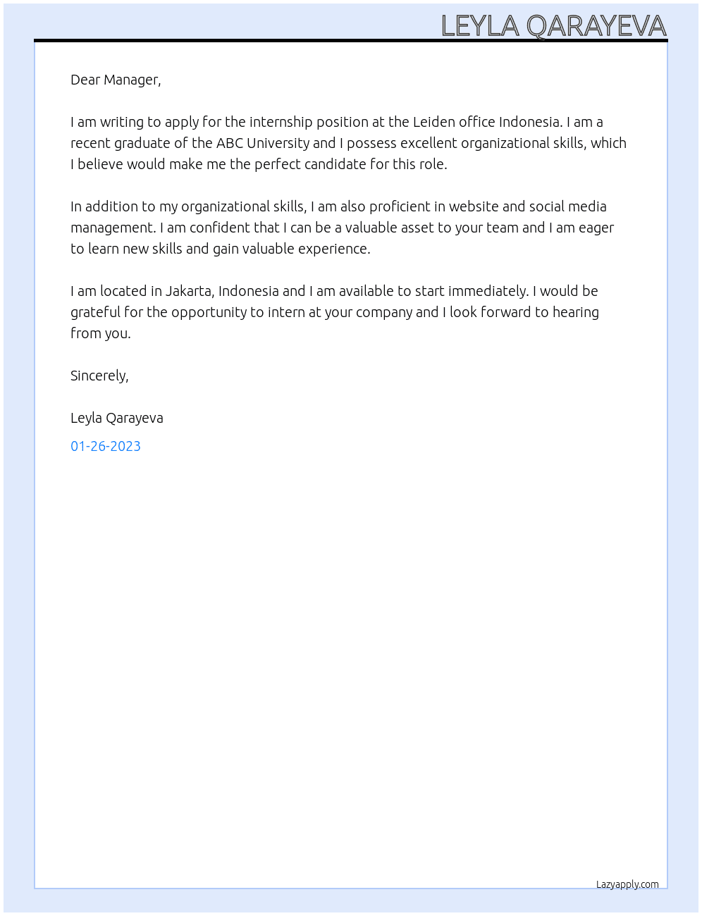 Internship At Leiden office Indonesia Cover Letter