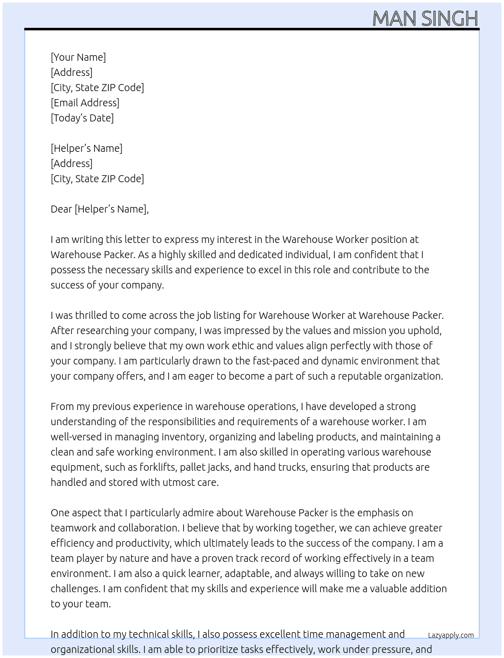 Warehouse worker At Warehouse packer Cover Letter