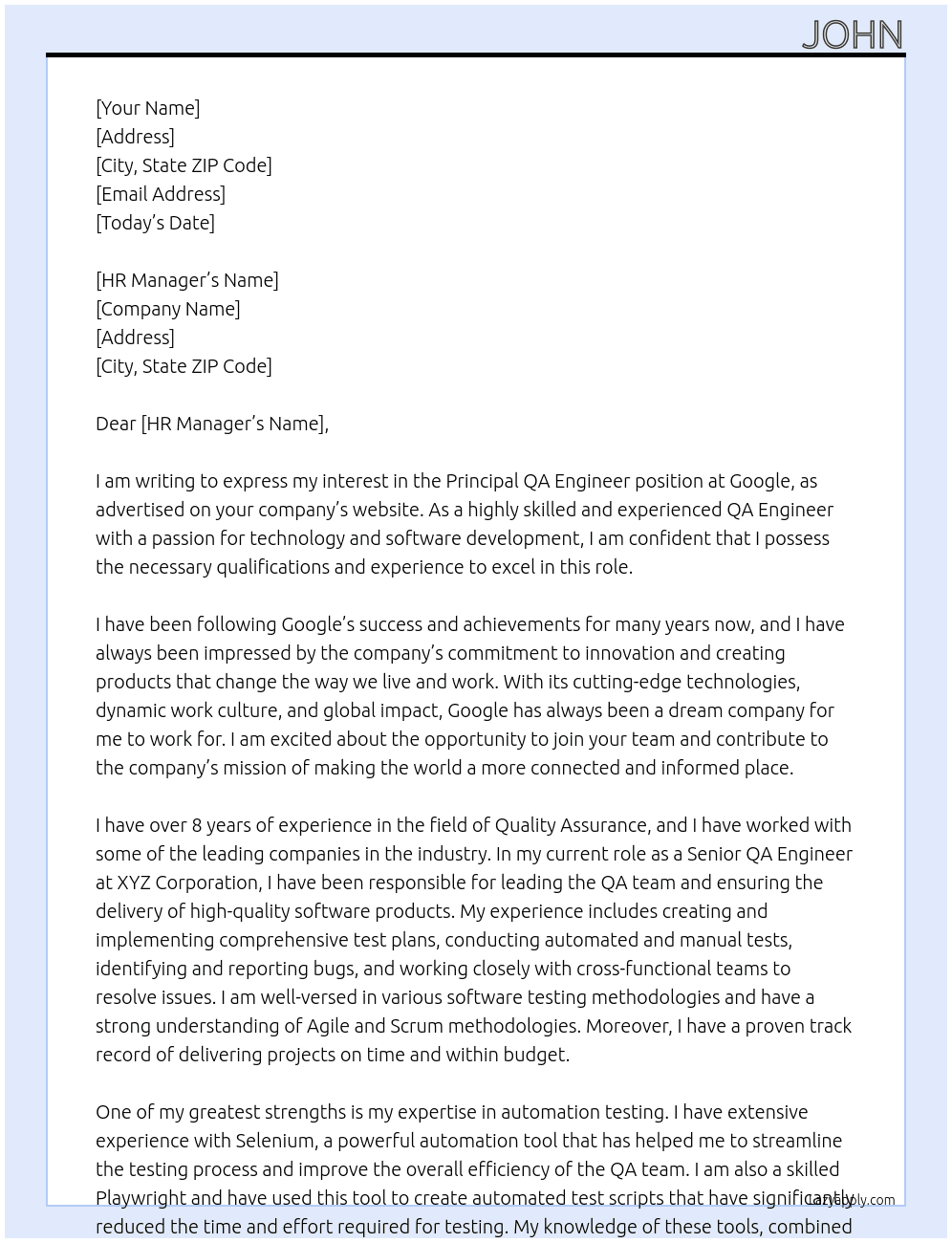 Cover letter for principal qa engineer - LazyApply