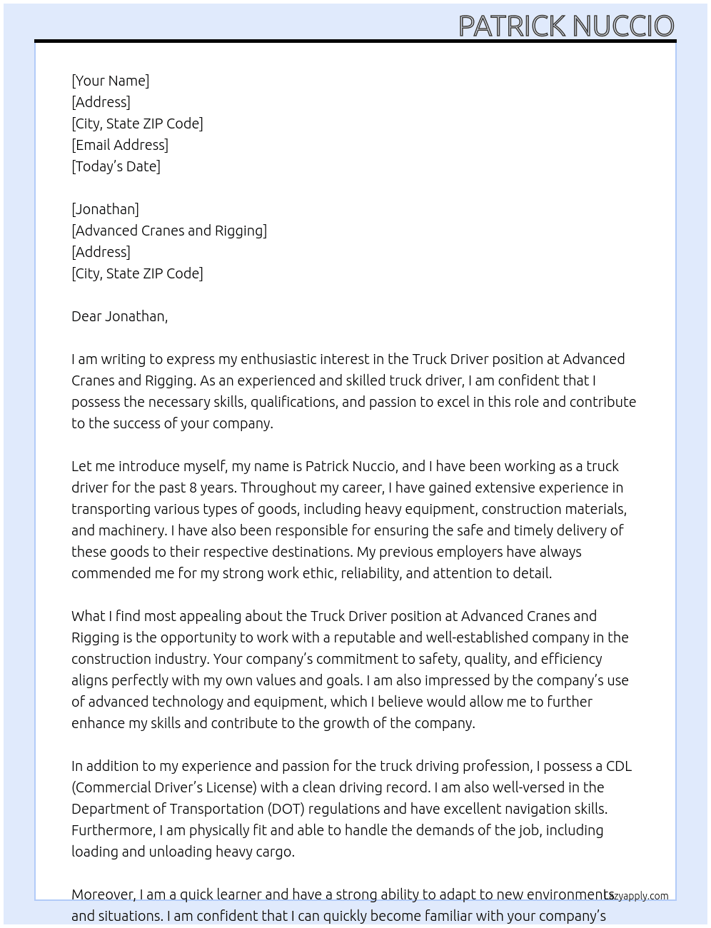Trruck Driver At Advanced Cranes and Rigging Cover Letter