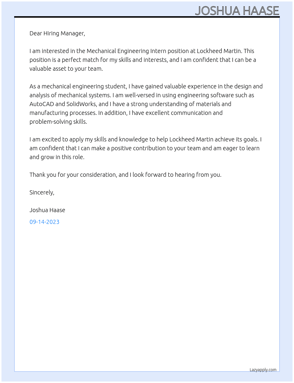 Mechanical Engineering Intern At Lockheed Martin Cover Letter