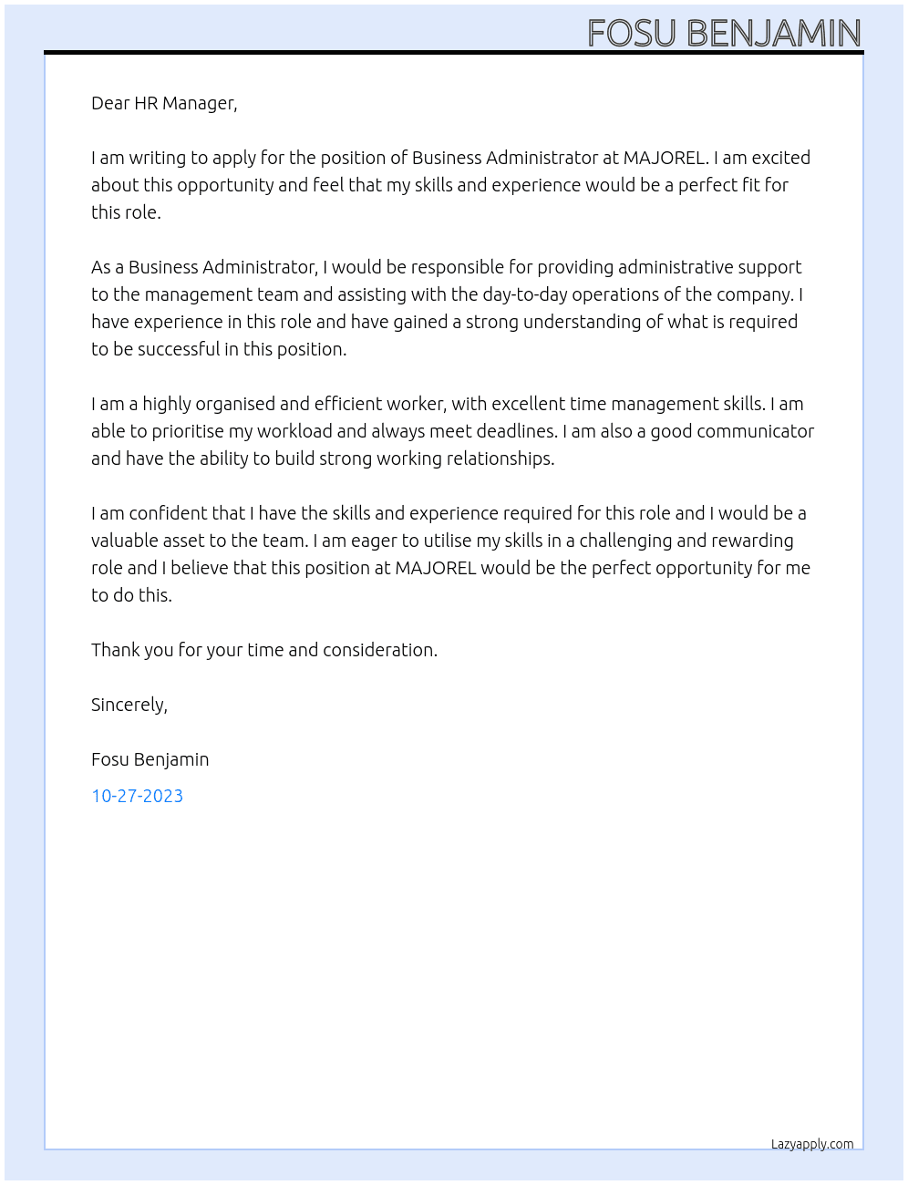 business administrator At MAJOREL Cover Letter