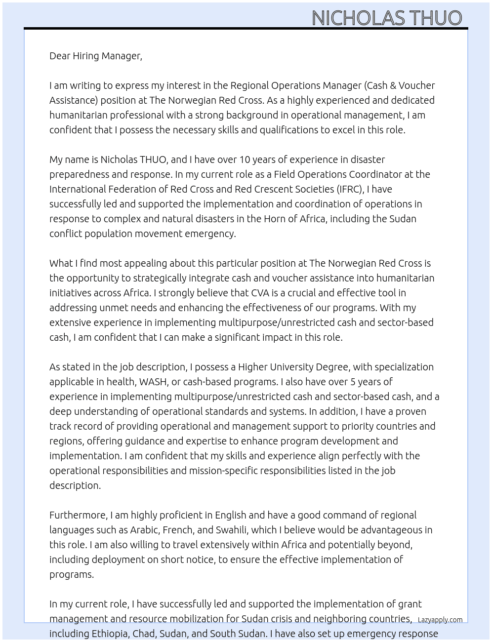 Regional Operations Manager (Cash & Voucher Assistance), Africa At The Norwegian Red Cross  Cover Letter