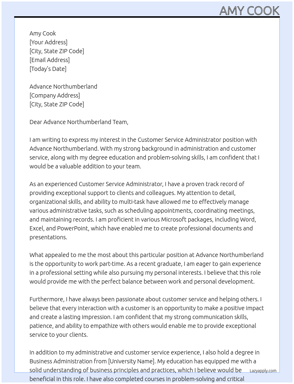 Customer Service Administrator  At Advance Northumberland  Cover Letter