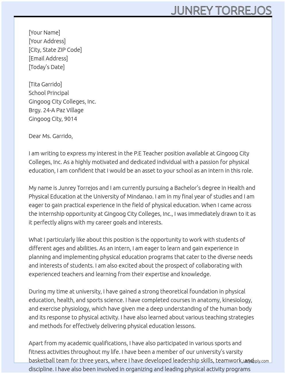 P.E Teacher At Gingoog City Colleges, Inc. Cover Letter