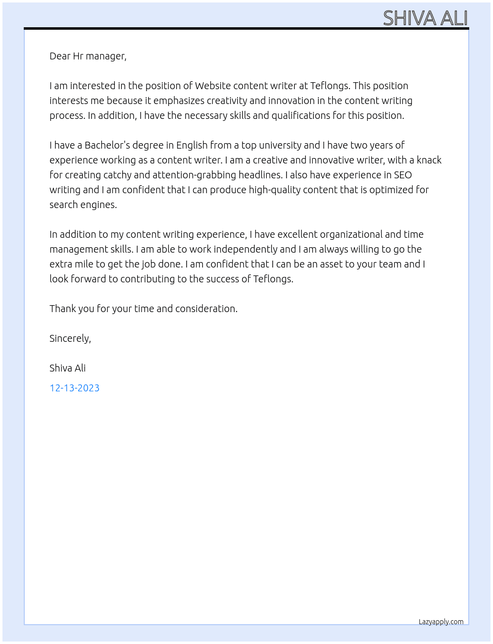 Website content writer  At Teflongs Cover Letter