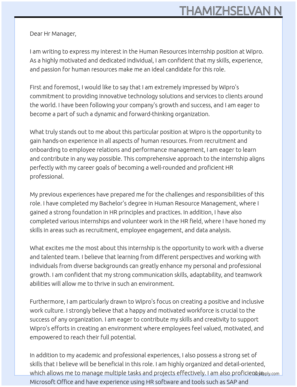 Human resources internship  At Wipro  Cover Letter